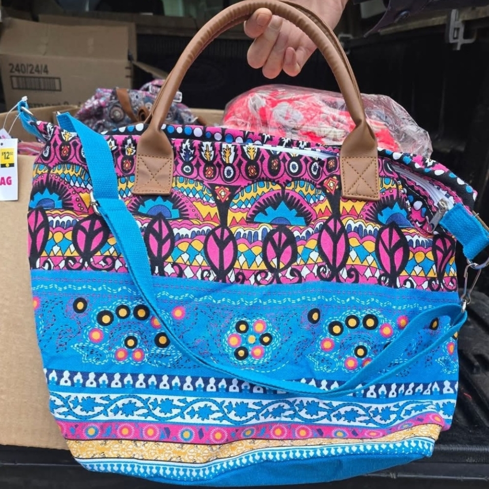 Boho Patterned Blue Tote Bag with Brown Handles